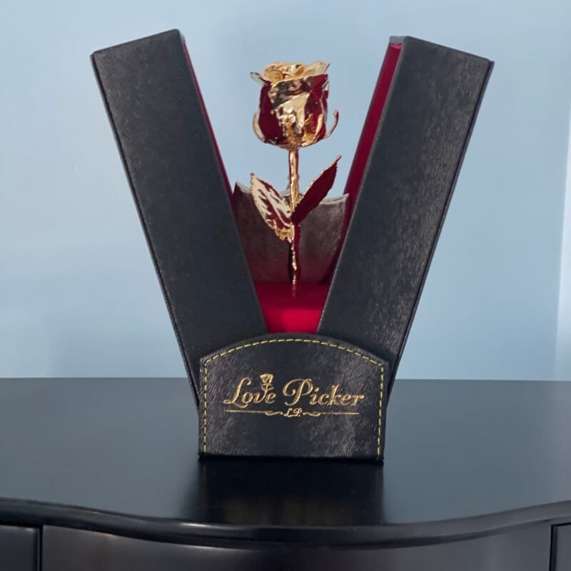 24K Gold Dipped Rose 7" In Onyx Luxury Black Leather Gift Box Genuine