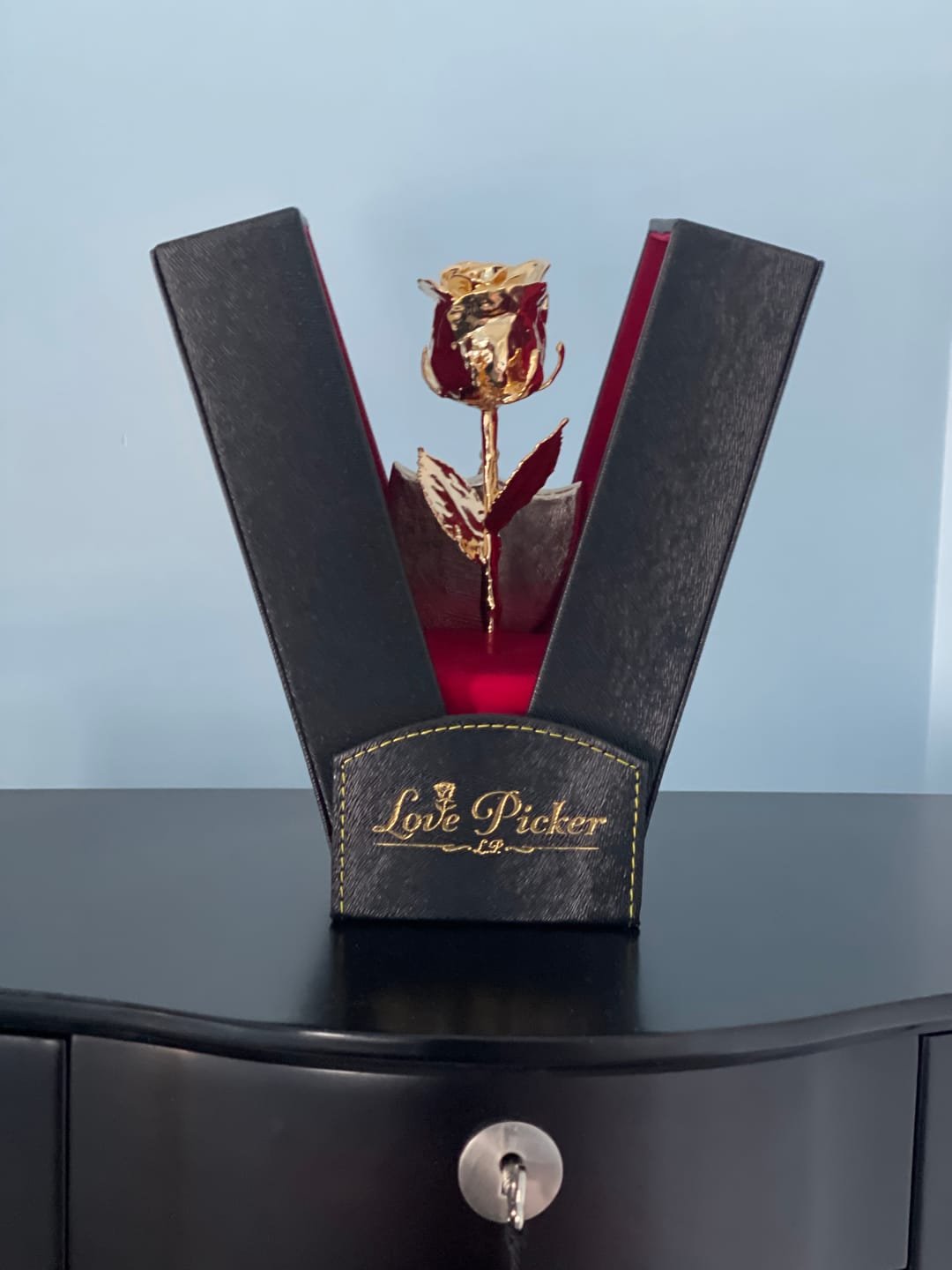 24K Gold Dipped Rose 7" In Onyx Luxury Black Leather Gift Box Genuine