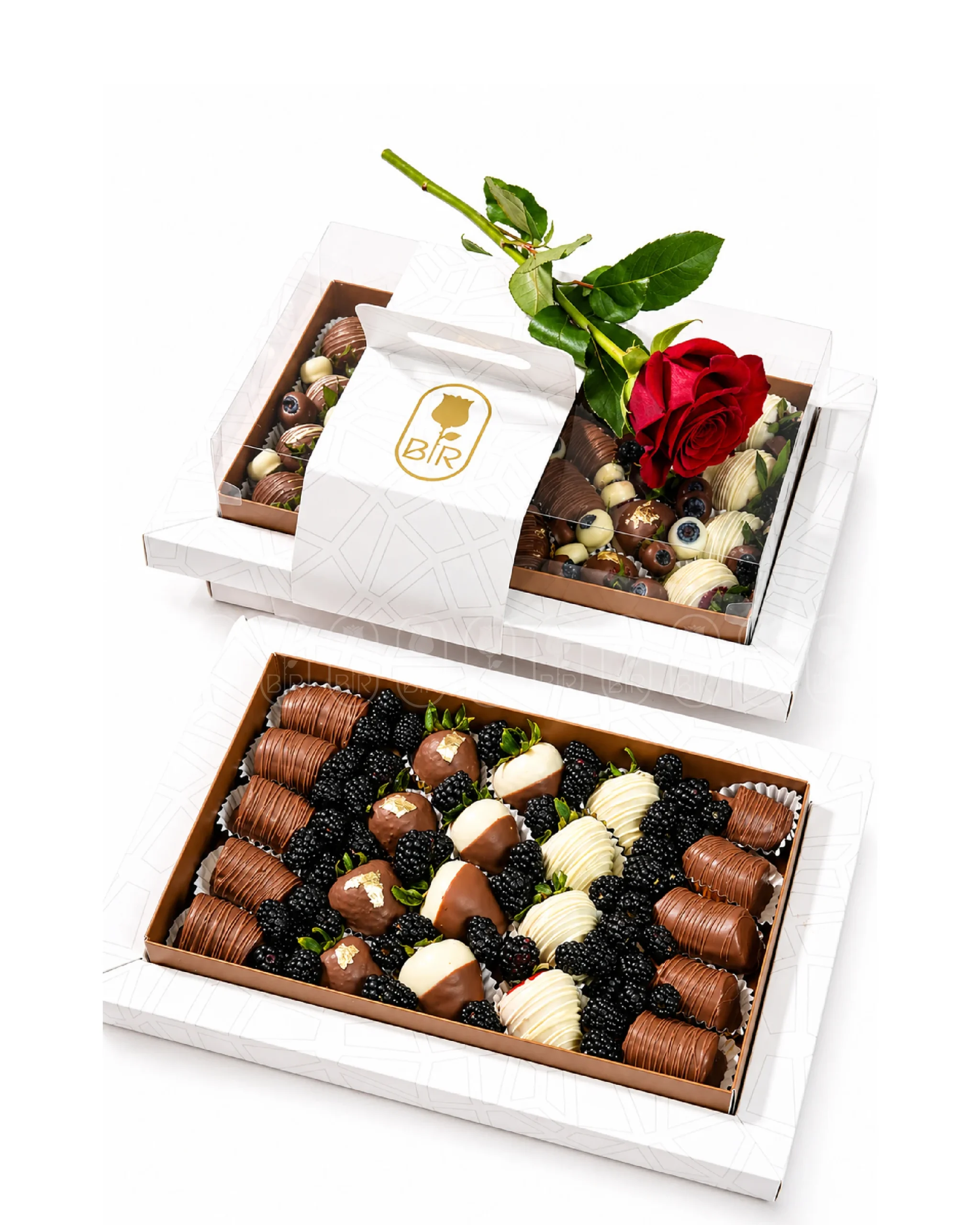 Luxury chocolate-dipped strawberry gift boxes with fresh red rose, blackberries, and premium mixed chocolate strawberries