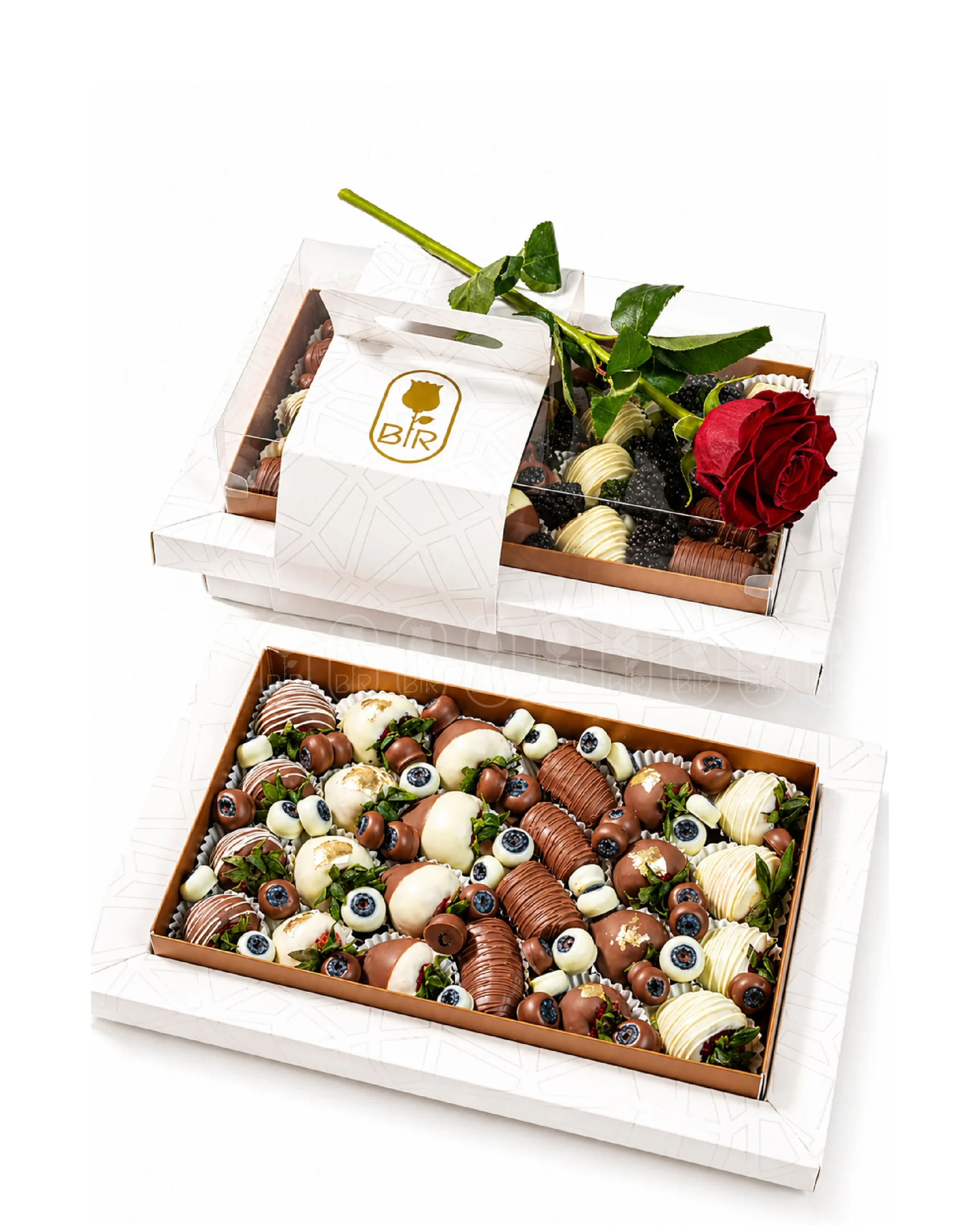 Luxury chocolate-dipped strawberry gift boxes with fresh red rose and premium mixed chocolate strawberries