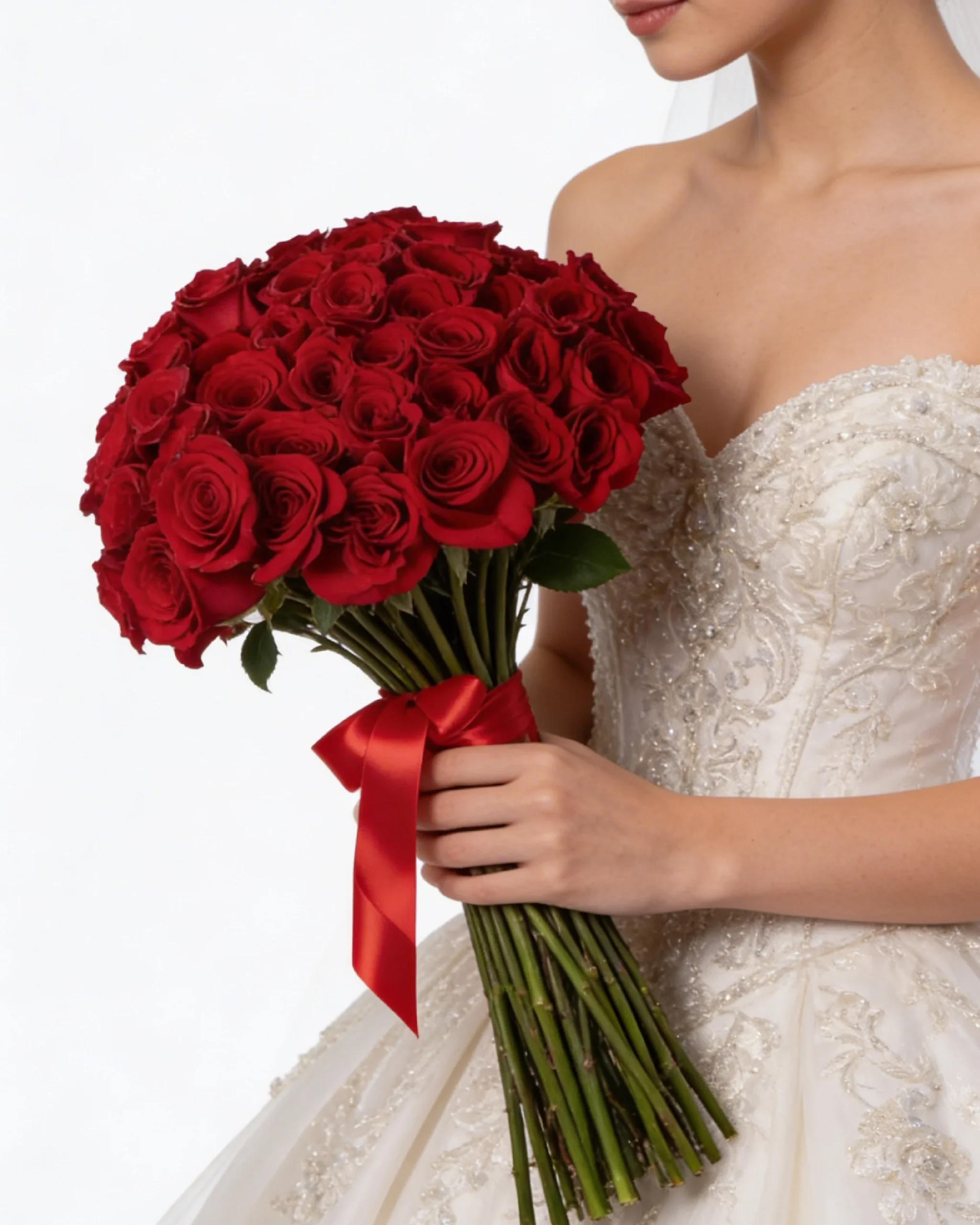 Elegant red rose bridal bouquet held by a bride in a luxurious wedding dress