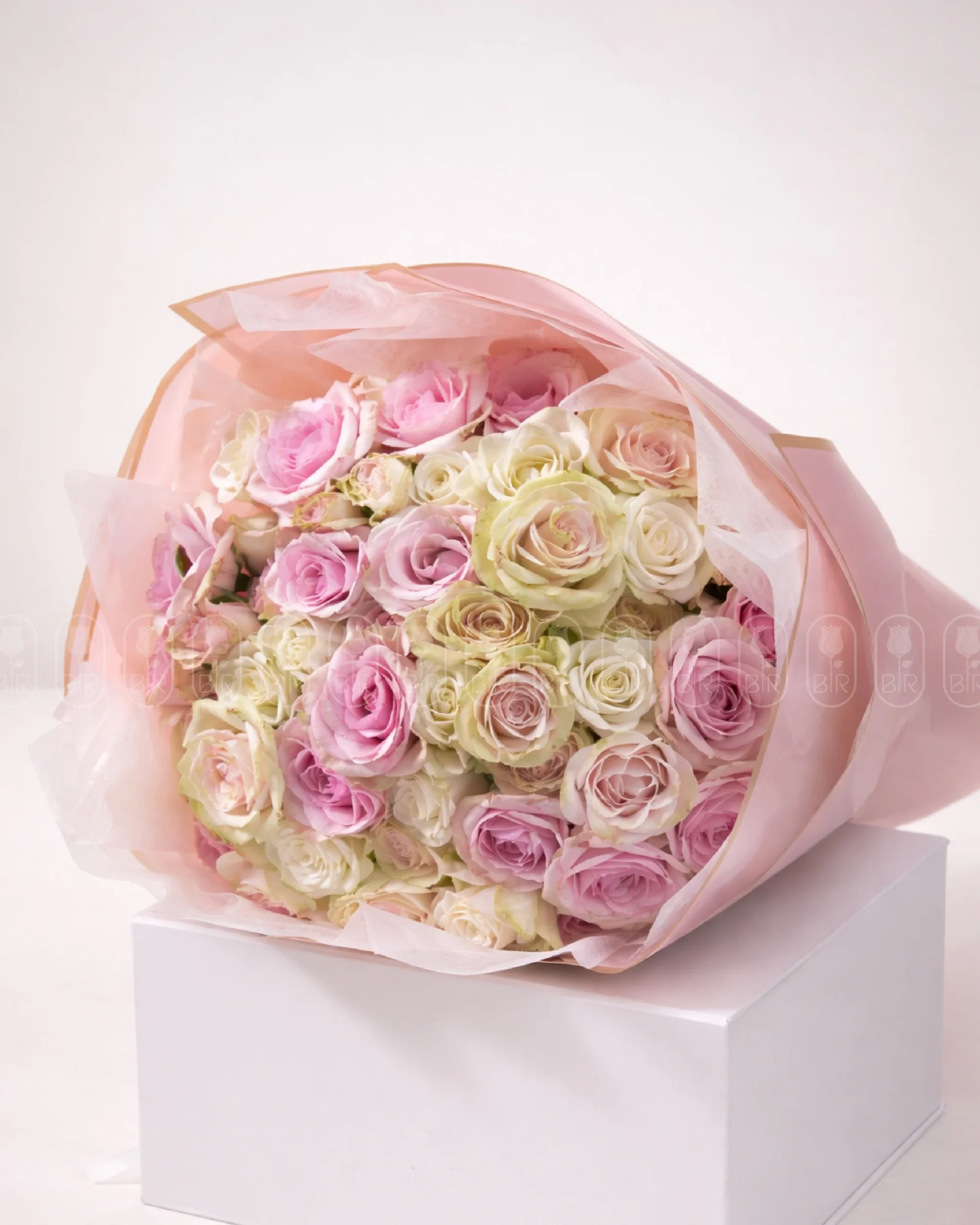 Luxury bouquet of 50 white and light pink roses beautifully wrapped in elegant pastel pink packaging