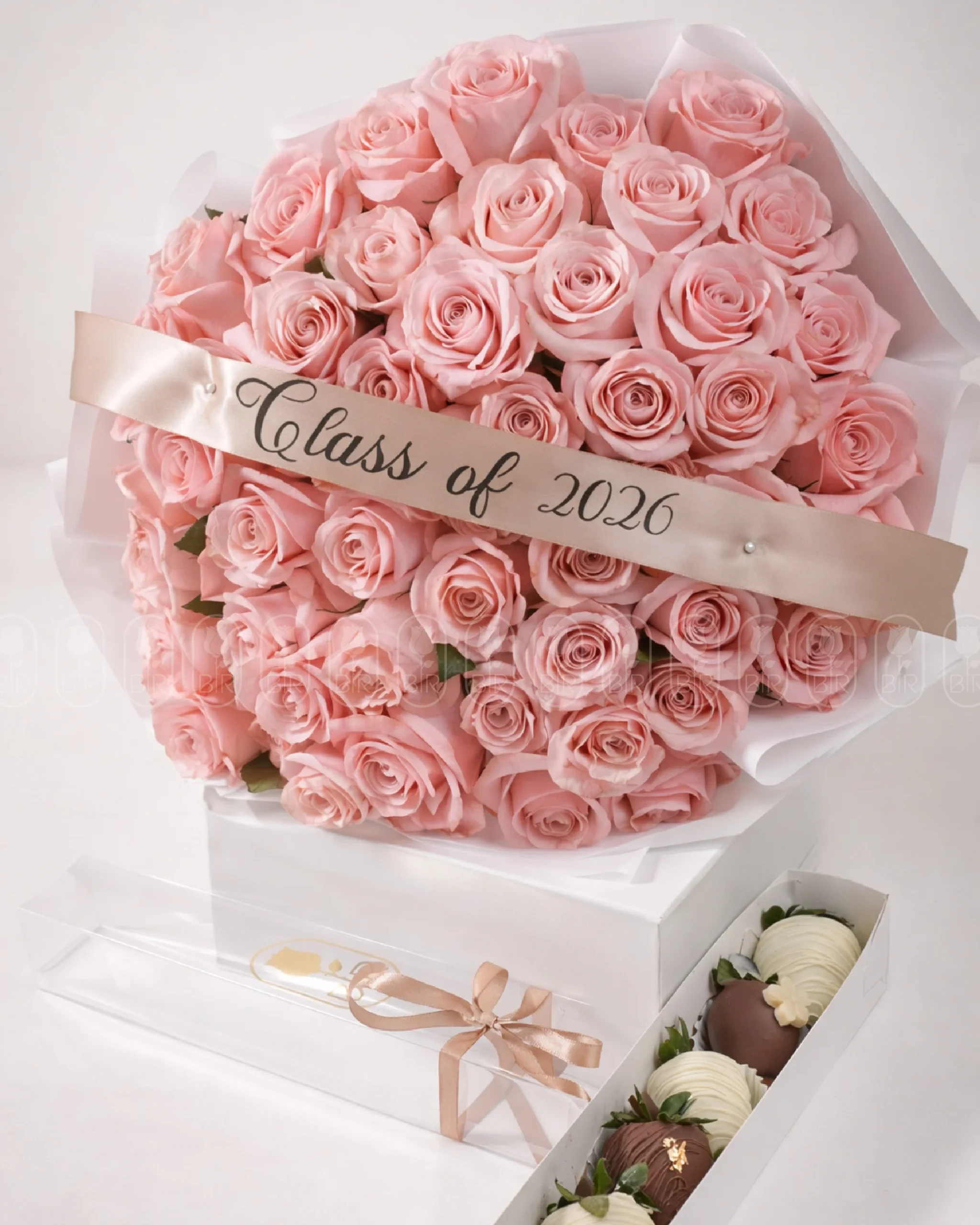 Luxury pink rose bouquet with Belgian chocolate-covered strawberries gift box for graduation celebration