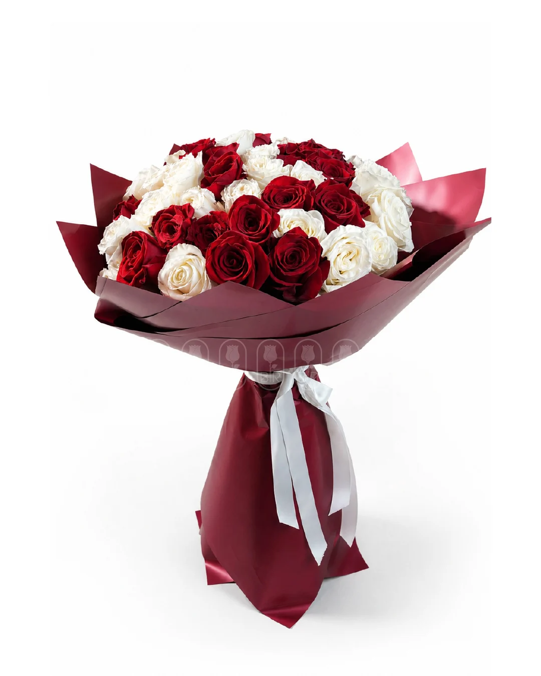 Bouquet of 40 red and white roses wrapped in elegant burgundy paper