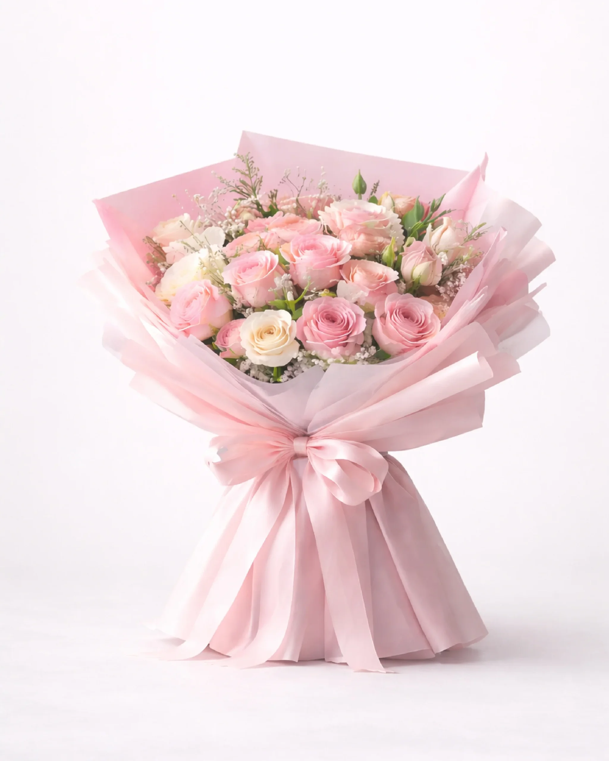 Soft pastel bouquet of pink and cream roses wrapped in blush paper