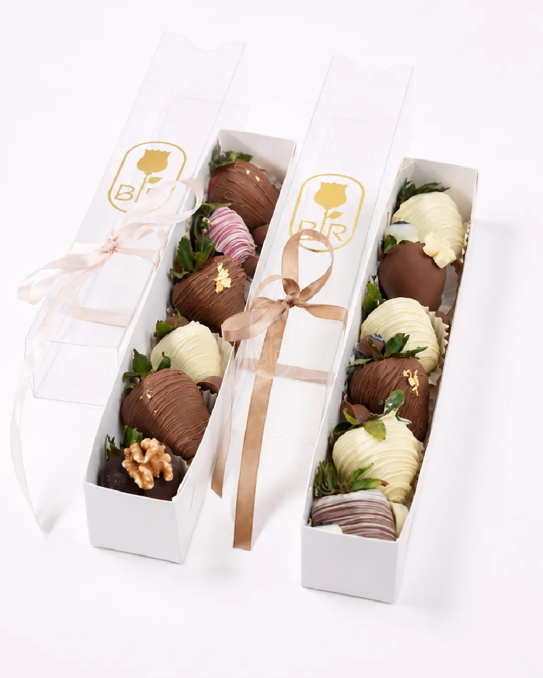 Elegant chocolate covered strawberries gift boxes with satin ribbon packaging