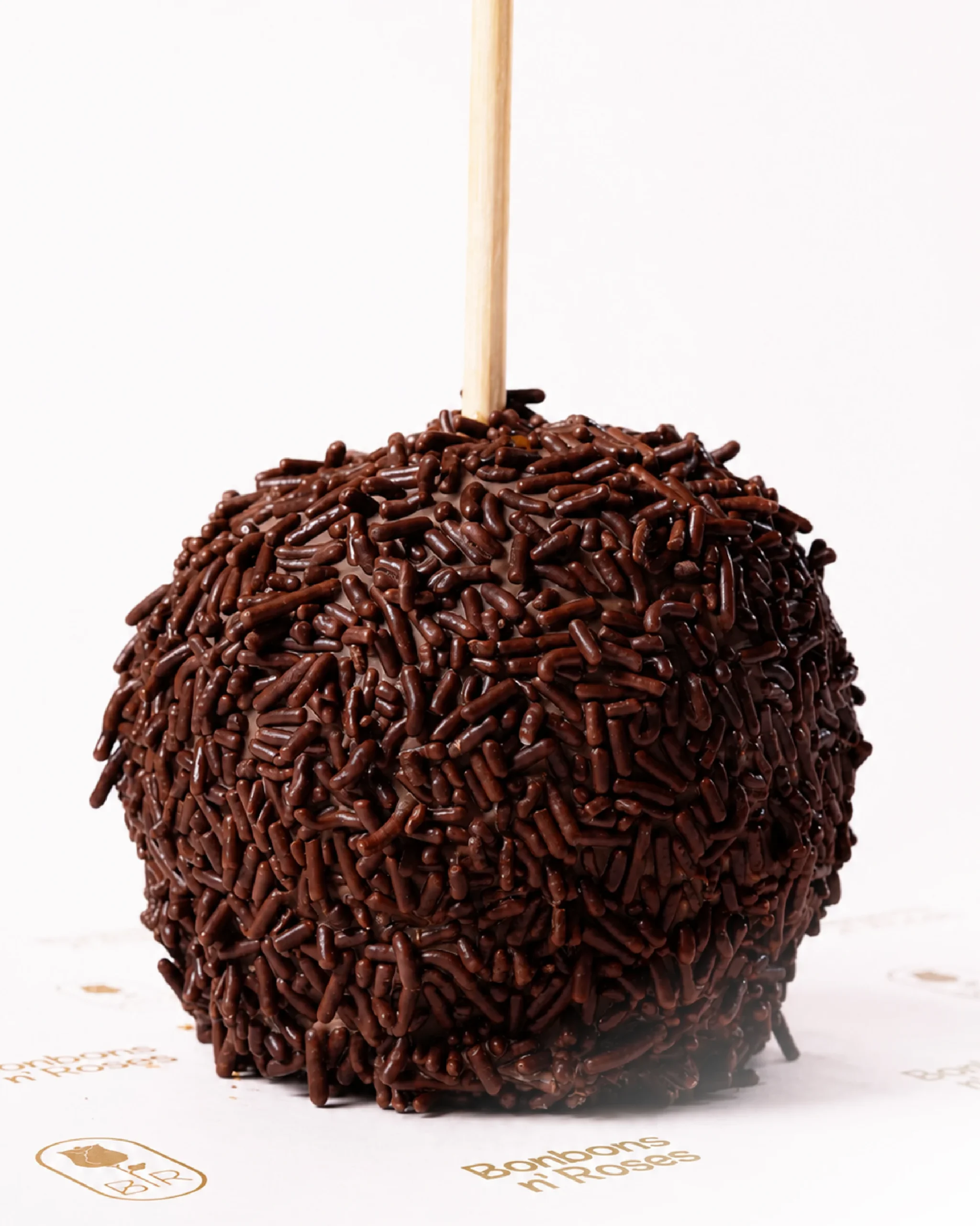 Handcrafted gourmet caramel apple coated with rich chocolate sprinkles over premium milk chocolate.