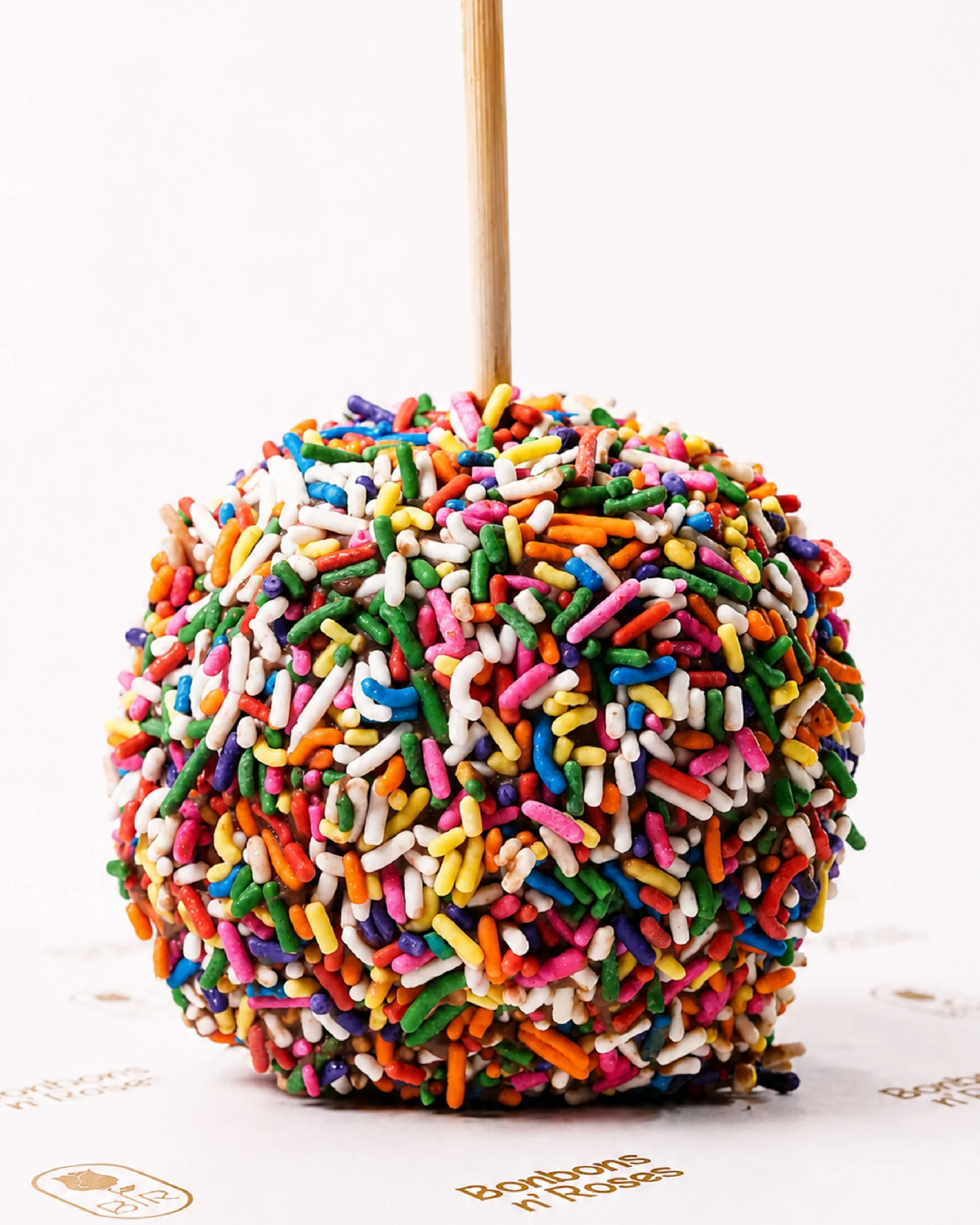 Handcrafted gourmet caramel apple coated with colorful rainbow jimmies sprinkles over premium chocolate.