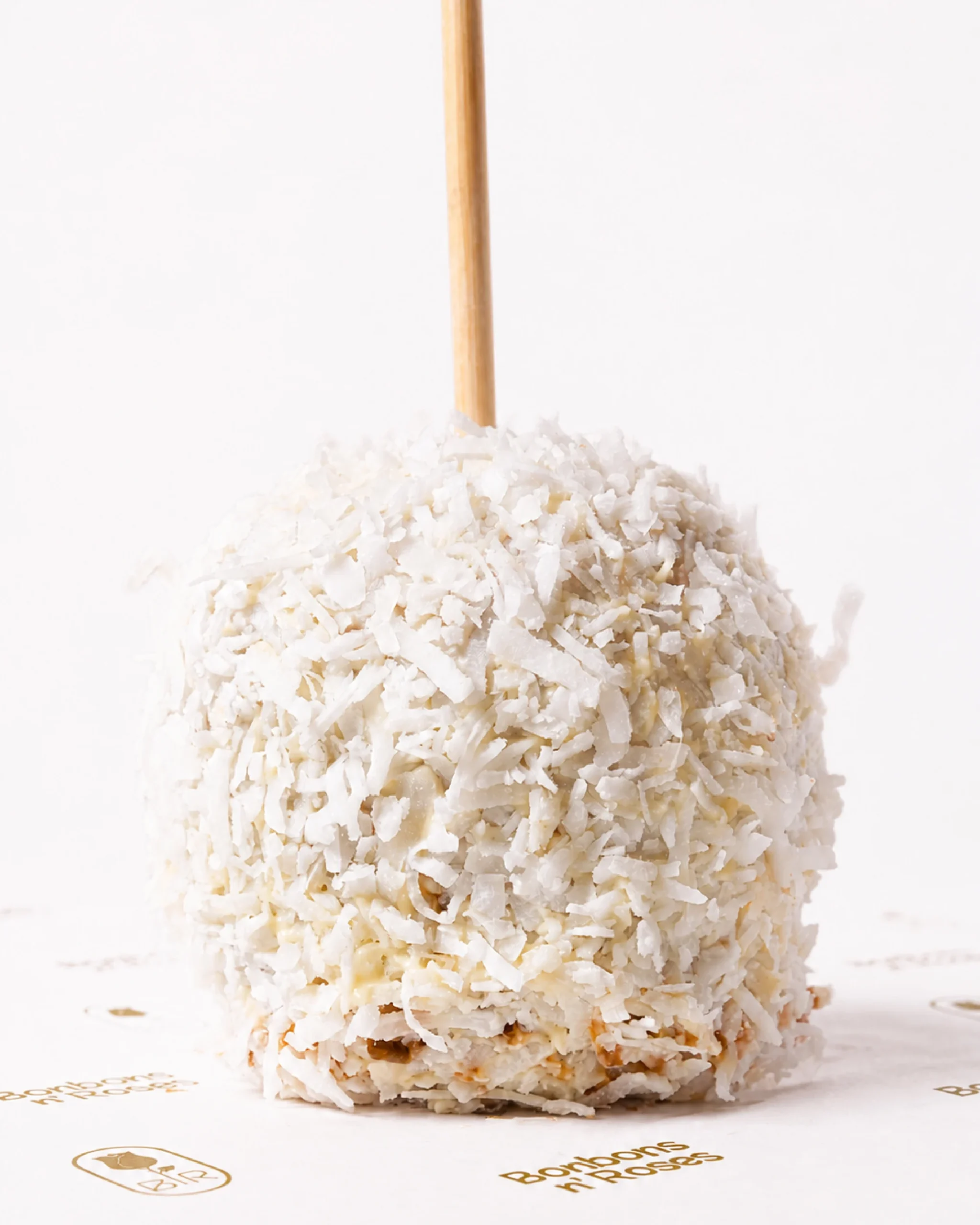Handcrafted gourmet caramel apple coated with shredded coconut and premium white chocolate.