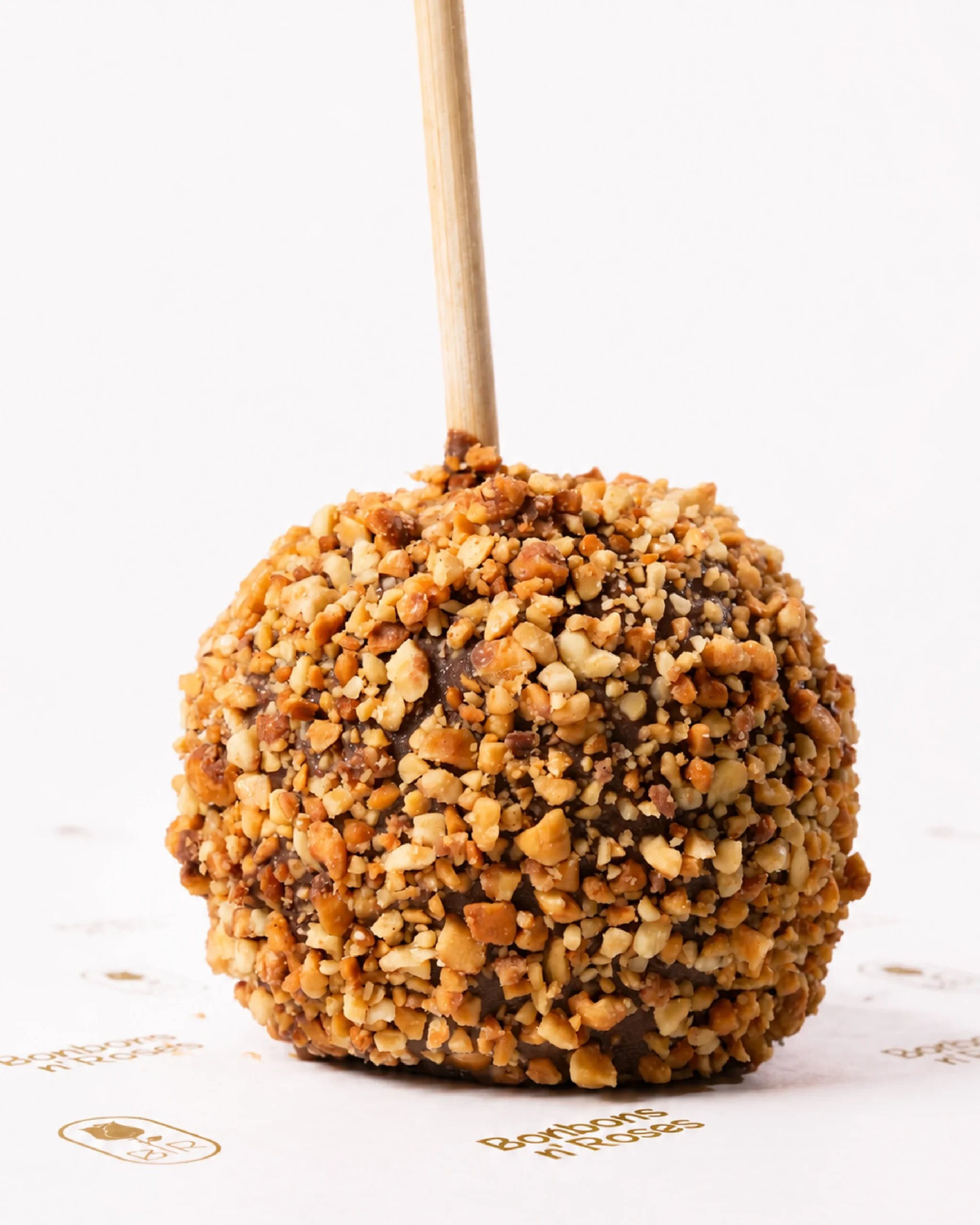Handcrafted gourmet caramel apple coated with crunchy roasted hazelnuts over premium milk chocolate.