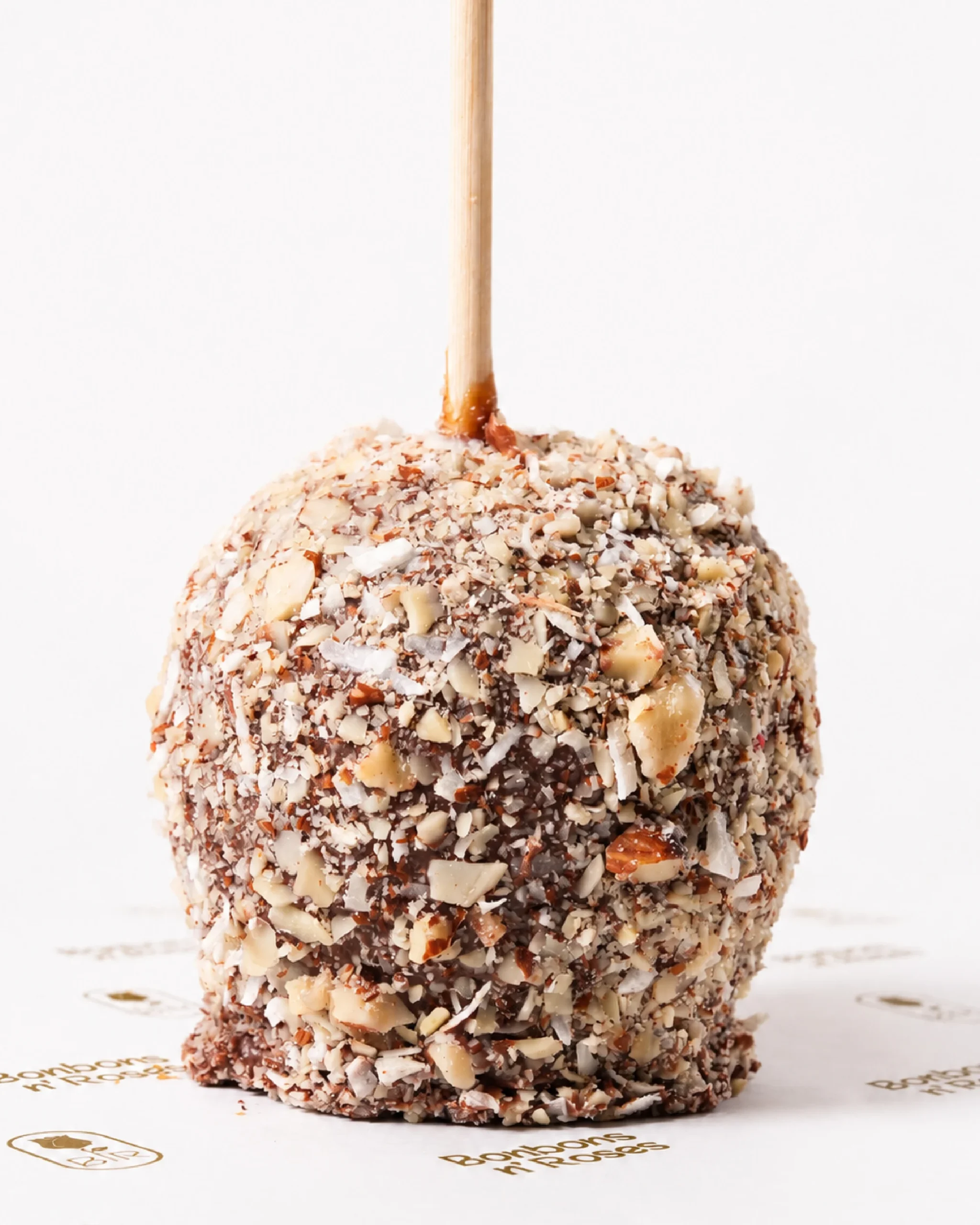 Handcrafted gourmet caramel apple coated with toasted almonds and shredded coconut over premium milk chocolate.